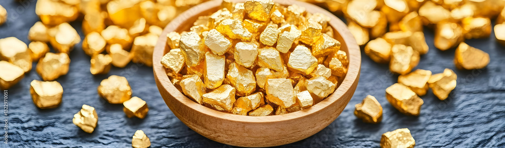 Gold nuggets in bowl, dark background (1) Gold nuggets in bowl, dark background (1)