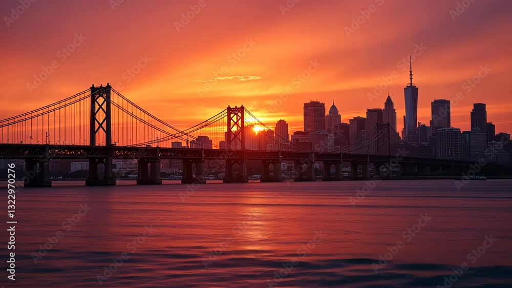 City skyline at sunset with a suspension bridge over calm waters City skyline at sunset with a suspension bridge over calm waters