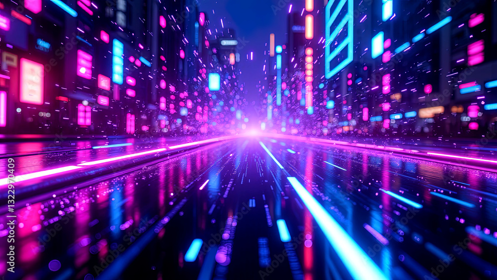 Fototapeta premium Neon-Lit Cyberpunk Cityscape with Flowing Data Streams and Holographic Binary Codes 