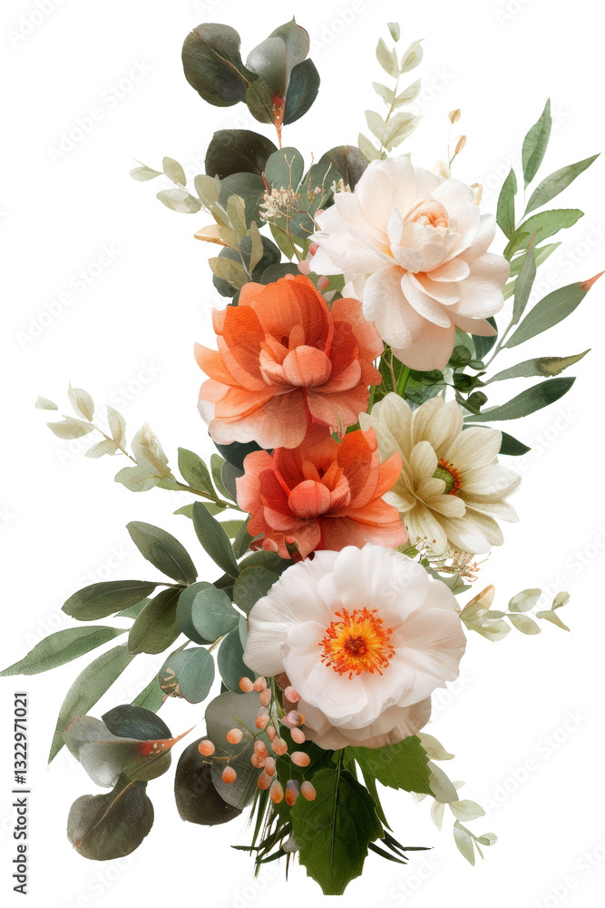 Elegant Floral Arrangement with Peonies, Roses, and Greenery on White Background for Decoration and Design Elegant Floral Arrangement with Peonies, Roses, and Greenery on White Background for Decoration and Design