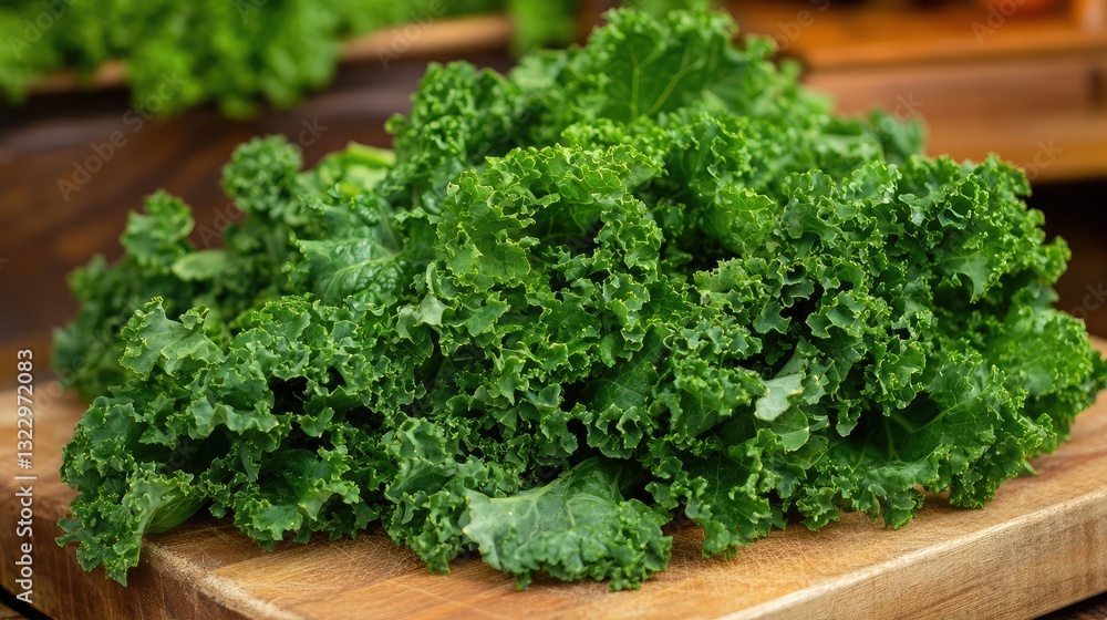 A pile of deep green kale leaves with curly textures, resting on a wooden cutting board. A pile of deep green kale leaves with curly textures, resting on a wooden cutting board.
