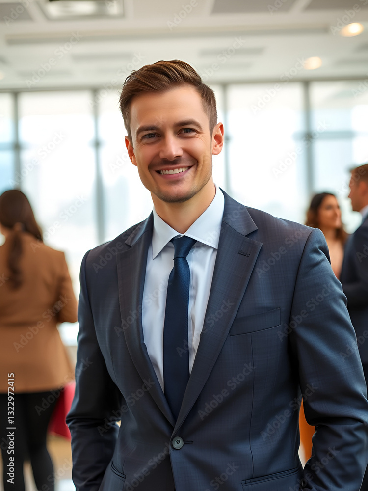 Professional male executive in tailored suit with a confident expression, standing in contemporary office setting, collaborating with diverse coworkers, blurred cityscape view, focus on leadership and Professional male executive in tailored suit with a confident expression, standing in contemporary office setting, collaborating with diverse coworkers, blurred cityscape view, focus on leadership and
