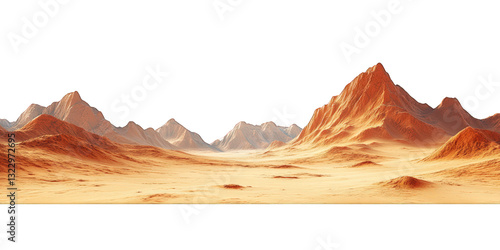 Mars-like desert landscapes with golden orange mountains and sand dunes, cut out. Extraterrestrial terrain visualization for science fiction and space concepts.Dramatic 3D rendered environment with ba