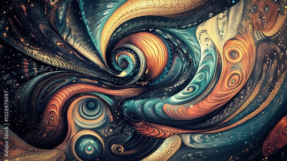 Abstract swirling cosmic artwork with teal orange and gold hues Abstract swirling cosmic artwork with teal orange and gold hues