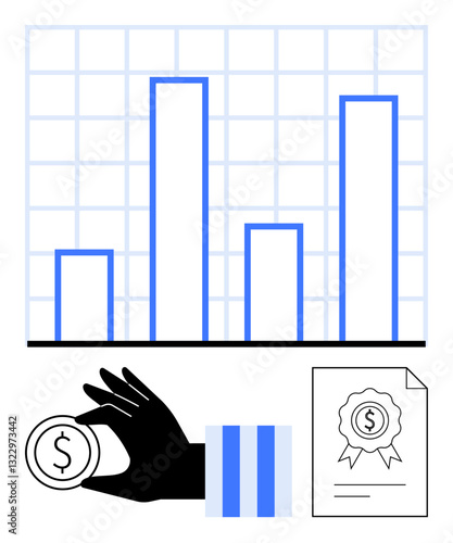 Bar chart highlights financial performance, hand holds dollar coin near certified document symbolizing earnings, decision-making. Ideal for finance, growth, investment, savings, analysis, success