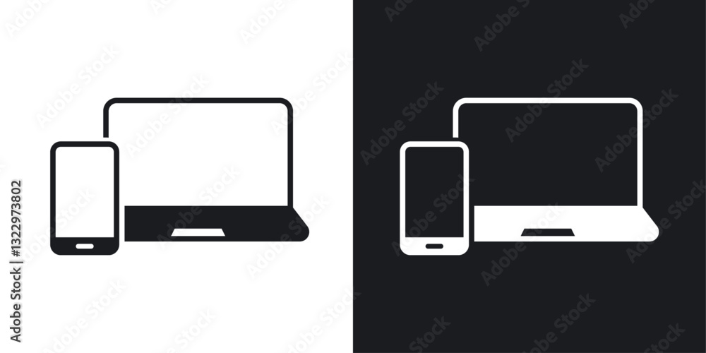 Laptop and Mobile vector icon set in solid style. Laptop and Mobile vector icon set in solid style.