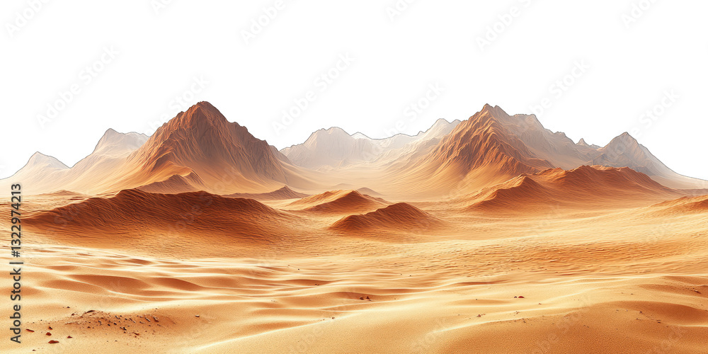 Fototapeta premium Mars-like desert landscapes with golden orange mountains and sand dunes, cut out. Extraterrestrial terrain visualization for science fiction and space concepts.Dramatic 3D rendered environment with ba