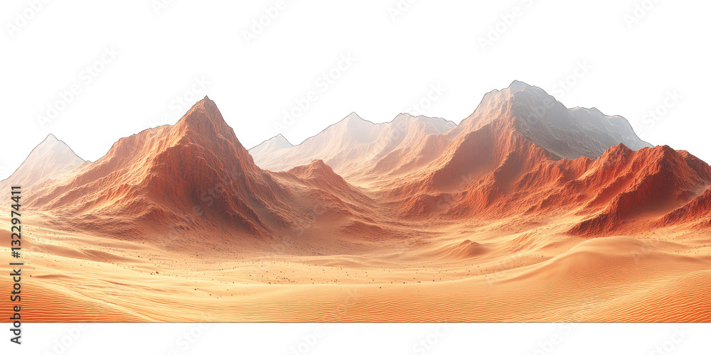 Naklejka premium Mars-like desert landscapes with golden orange mountains and sand dunes, cut out. Extraterrestrial terrain visualization for science fiction and space concepts.Dramatic 3D rendered environment with ba