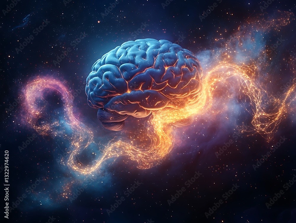 Vibrant Brain Illustration Surrounded by Cosmic Flames and Stars, 3d illustrative design Vibrant Brain Illustration Surrounded by Cosmic Flames and Stars, 3d illustrative design