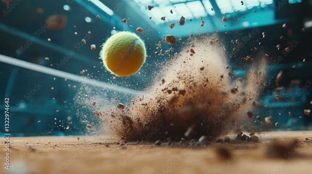 Fototapeta premium A dramatic shot of a tennis ball hitting the court, creating a small dust explosion on impact.