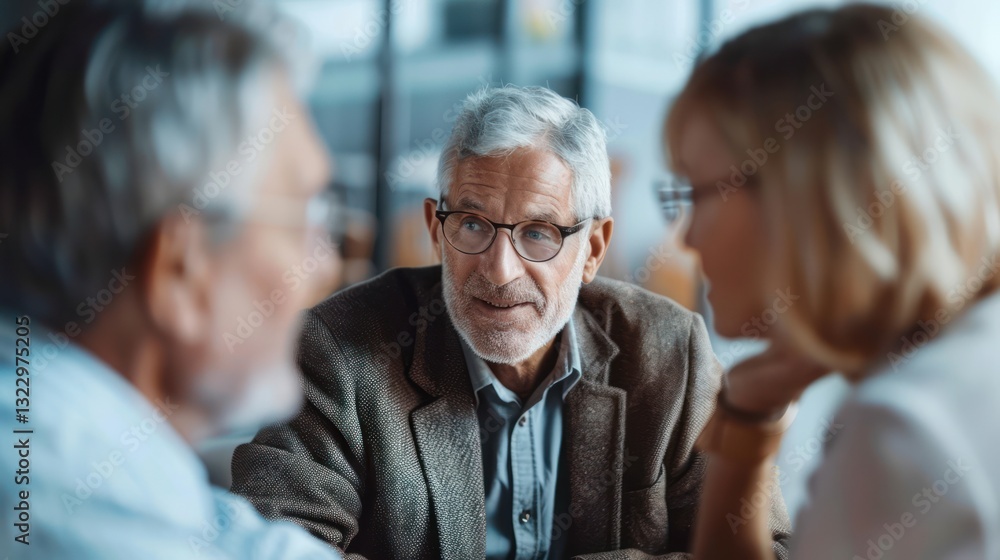 A financial advisor conducting a retirement planning session with a senior couple, discussing long-term investment strategies. A financial advisor conducting a retirement planning session with a senior couple, discussing long-term investment strategies.