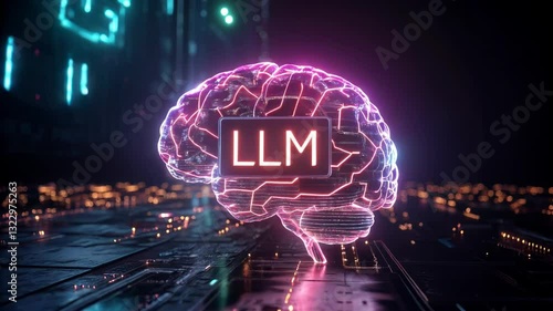 LLM, large language model conceot, Futuristic Digital Brain Glowing Neon Elements of Artificial Intelligence and LLM Technology