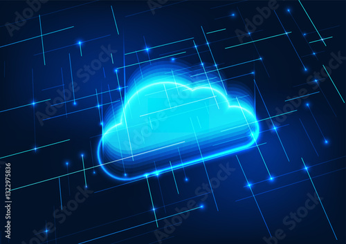 Cloud computing technology background. Layered clouds represent electronic data storage technology over the Internet, with data center infrastructure and privacy systems.