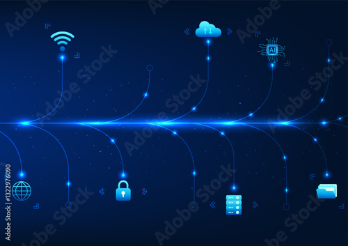 Big data technology background. Branched lines represent high-speed transmission of cyber data to software. Signaling. Vector illustration. Wallpaper.