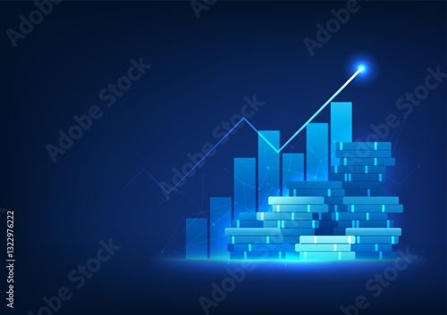 Financial Technology The front of the graph is a pile of coins, showing the company's profit growth, growing along with its global expansion.