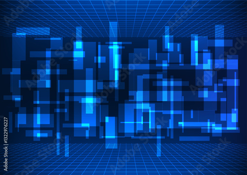Abstract technology background. Geometric shapes overlapping squares with grid lines through them to give it an interesting and high-tech look. Represents metaverse technology.