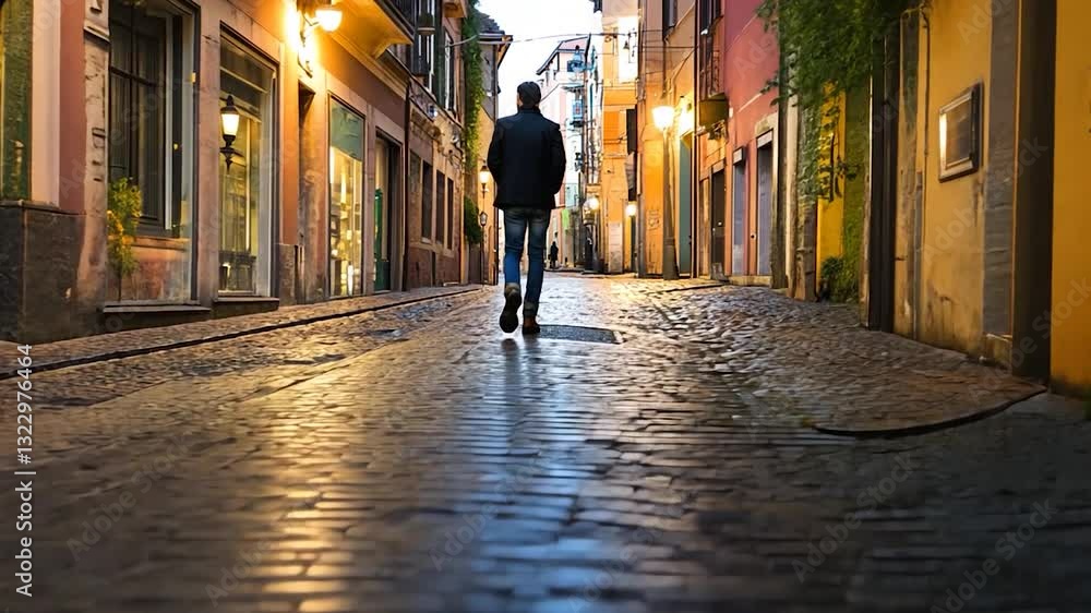 A solitary figure walks down a cobblestone street at dusk, illuminated by warm streetlights A solitary figure walks down a cobblestone street at dusk, illuminated by warm streetlights