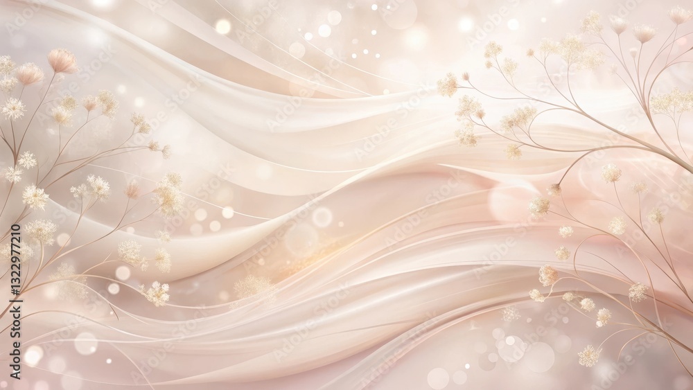 Elegant Pastel Floral Design with Swirling Fabric Textures and Soft Bokeh Effects Elegant Pastel Floral Design with Swirling Fabric Textures and Soft Bokeh Effects