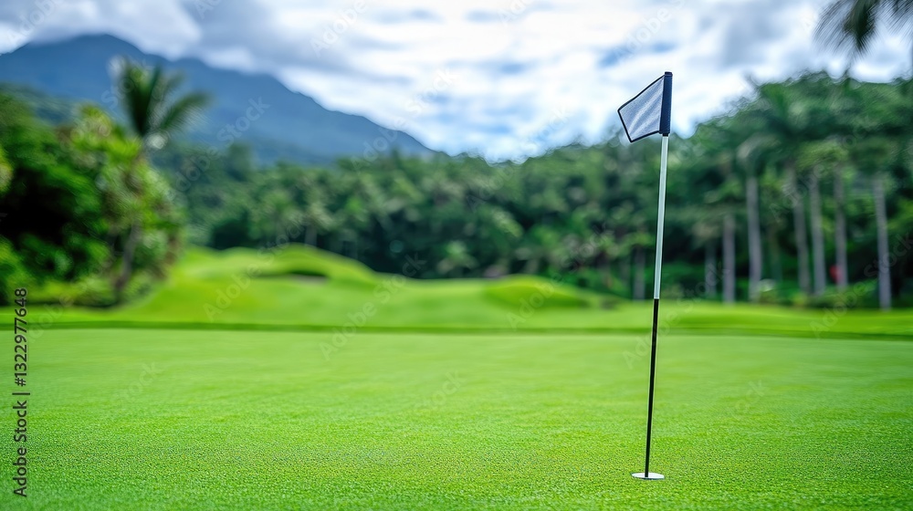 A flagstick waving in the wind on a professional-level golf course.