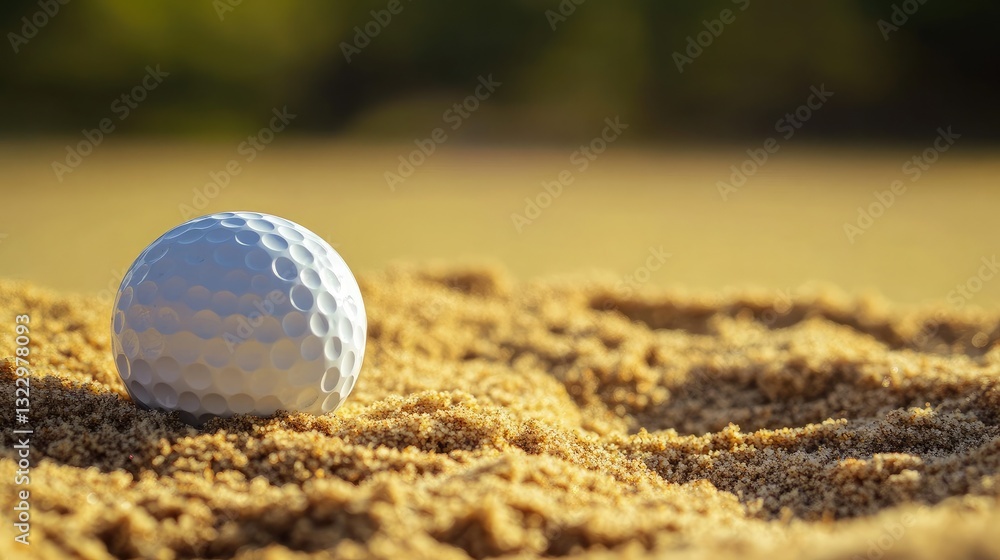 A neatly raked sand bunker with a golf ball lying near the edge. A neatly raked sand bunker with a golf ball lying near the edge.