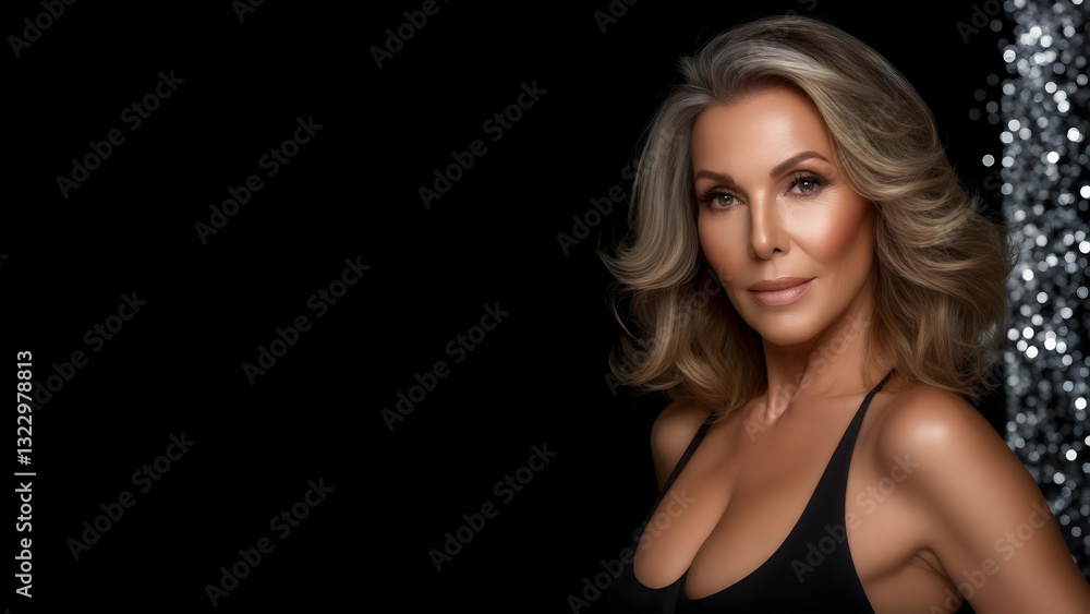 Beautiful Woman in Her Forties: Through an f/1.8 Lens, Standing at the Right Third, Flawless Skin Contrasts with Matte Black and Silver Gleam Beautiful Woman in Her Forties: Through an f/1.8 Lens, Standing at the Right Third, Flawless Skin Contrasts with Matte Black and Silver Gleam