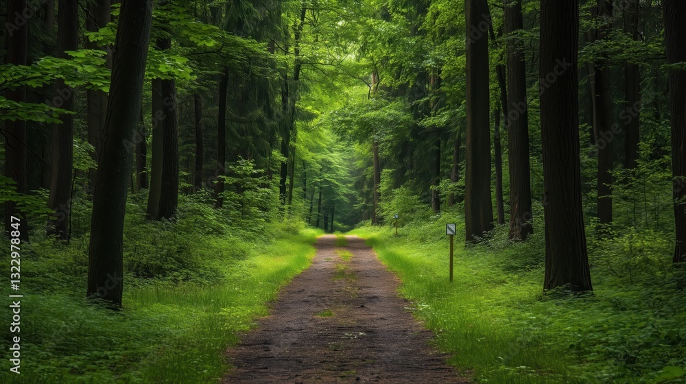 Obraz premium Path leading through lush green forest in springtime
