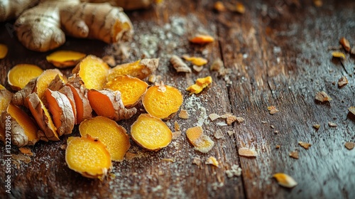 Freshly Sliced Ginger Root on Rustic Wooden Surface with Spices