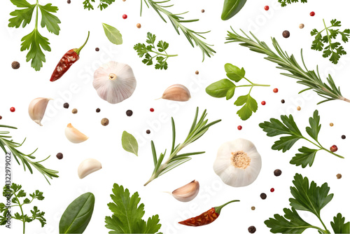 Fototapeta Naklejka Na Ścianę i Meble -  Culinary herbs and spices flat lay.