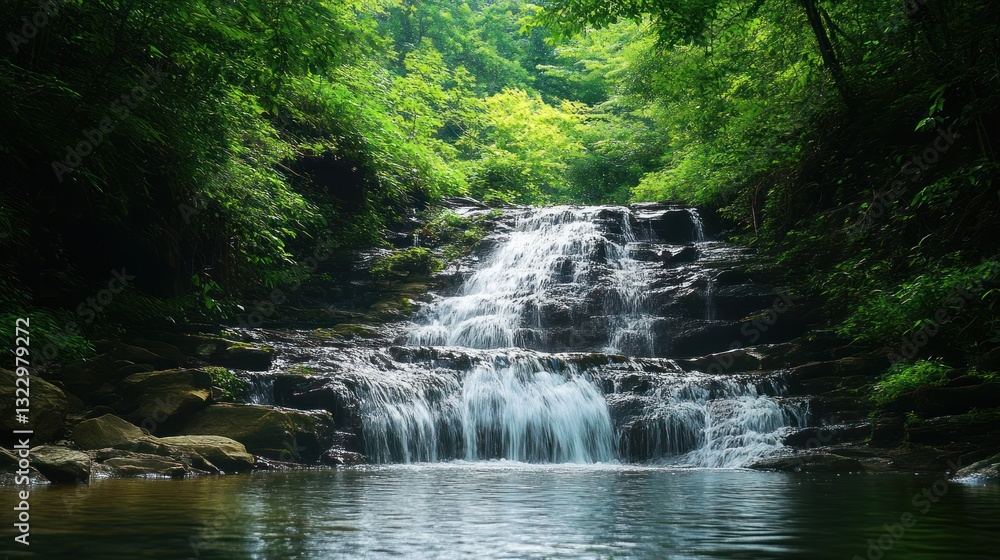 Fototapeta premium Lush green forest surrounding cascading waterfall, peaceful natural scenery