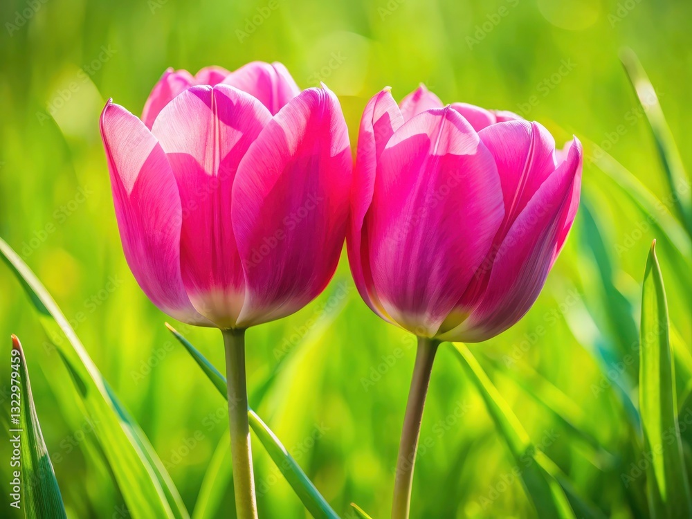 Obraz premium Pink Tulip Panoramic Spring Closeup - Joyful Spring Background Shallow Depth of Field