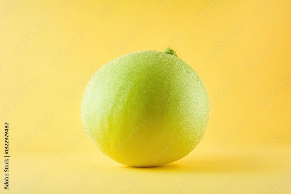 A single green fruit displayed against a yellow background A single green fruit displayed against a yellow background