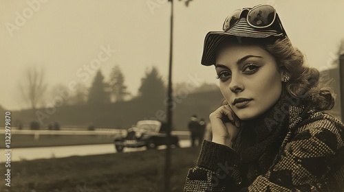 Elegant Woman in Vintage Style at a Race Track