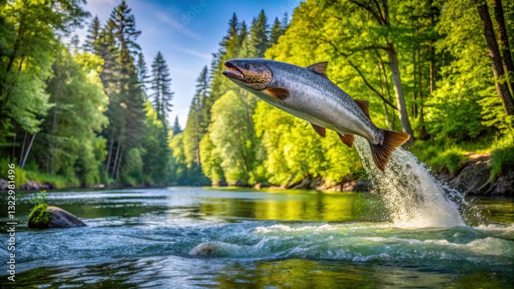 Fototapeta premium A majestic salmon leaps gracefully from the pristine waters of a vibrant river, showcasing its powerful muscles and silvery scales against the backdrop of a lush green forest