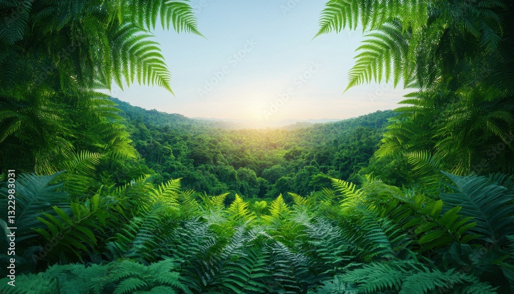 Concept of the Environment World Earth Day. Lush green ferns frame a serene view of a forest at sunrise. Concept of the Environment World Earth Day. Lush green ferns frame a serene view of a forest at sunrise.