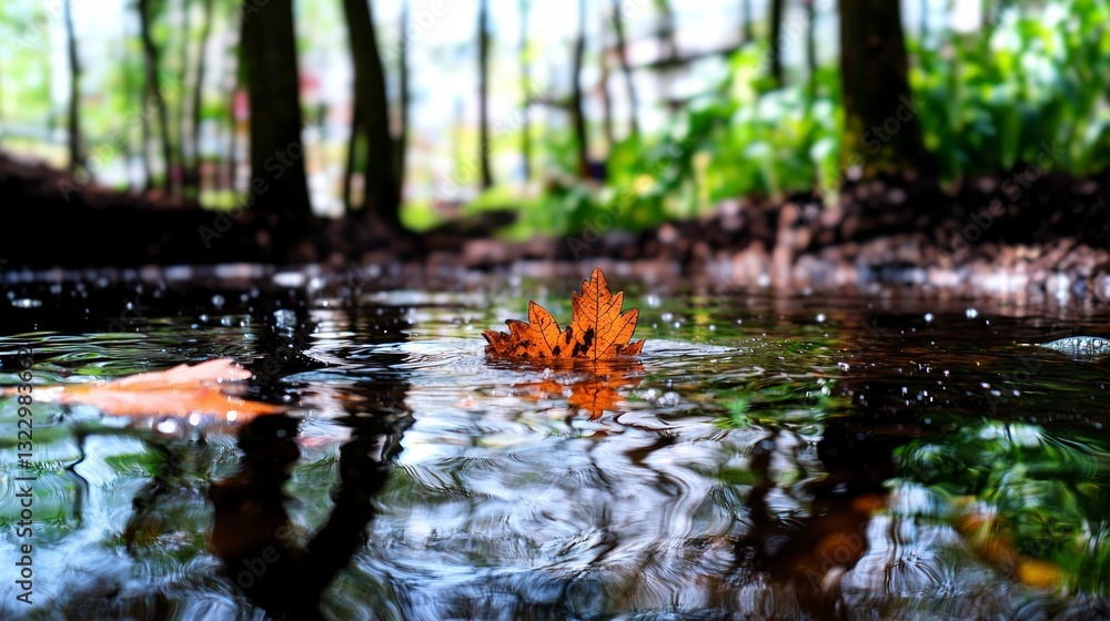 Fototapeta premium Tranquil Stream Reflection Autumn Leaf on Calm Water