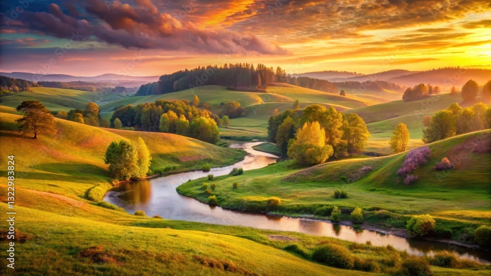 Fototapeta premium Serene River Valley at Sunset Rolling Green Hills, Golden Hour Light, and Lush Foliage
