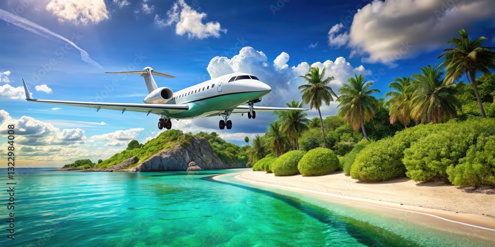 Fototapeta premium Private Jet Landing Exotic Island Paradise: Luxury Travel, Private Aviation, Jet Charter, Scenic Flight