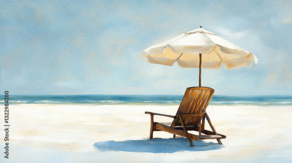 A peaceful beachside composition featuring a single wooden lounge chair under a wide, canvas umbrella. The chair is positioned at an angle, inviting relaxation A peaceful beachside composition featuring a single wooden lounge chair under a wide, canvas umbrella. The chair is positioned at an angle, inviting relaxation