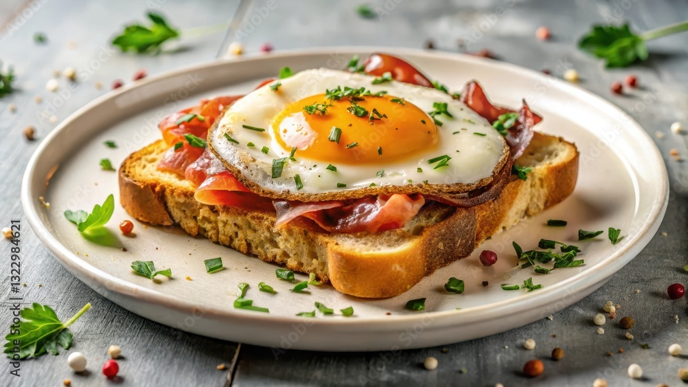 Savory Breakfast Toast Topped with a Fried Egg and Cured Meat, Garnished with Fresh Herbs on a Plate Savory Breakfast Toast Topped with a Fried Egg and Cured Meat, Garnished with Fresh Herbs on a Plate