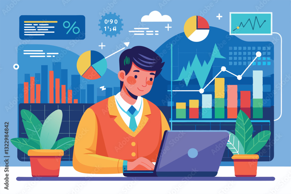 A stock market analyst is actively analyzing data on a laptop surrounded by various financial charts, Stock market analyst data trending A stock market analyst is actively analyzing data on a laptop surrounded by various financial charts, Stock market analyst data trending