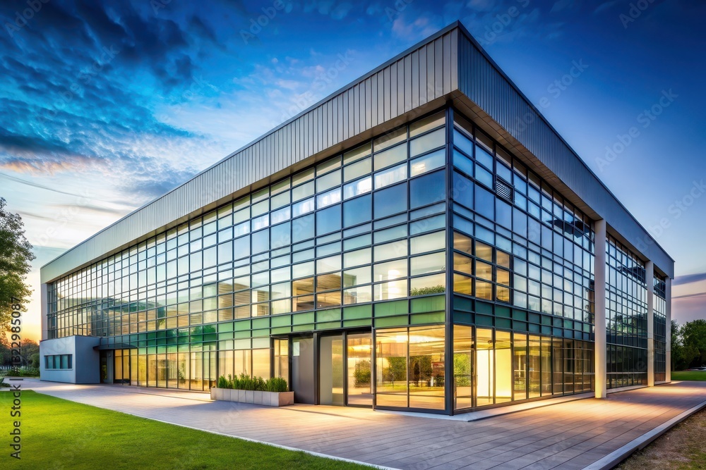 Obraz premium Modern glass-fronted commercial building at dusk, showcasing sleek architectural design and expansive windows reflecting the twilight sky