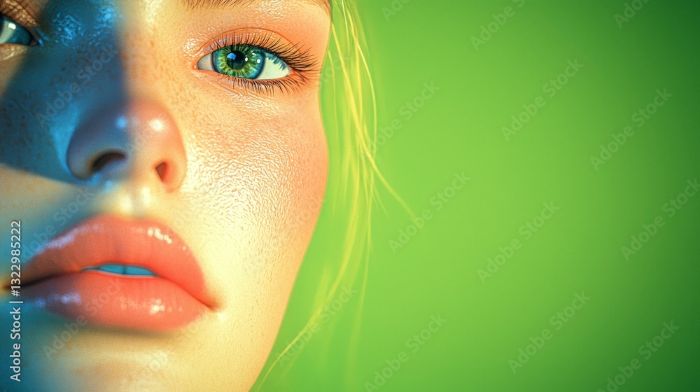 Fototapeta premium Stunning 3D Render Woman s Face Green Background High Res Cinematic