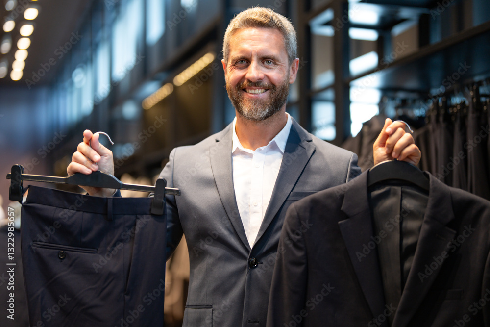 © Volodymyr - Trendy suit. A hispanic businessman appreciates fine tailoring and suit. A well-dressed male model poses in a suit boutique. A retail assistant helps a stylish man find the perfect suit.