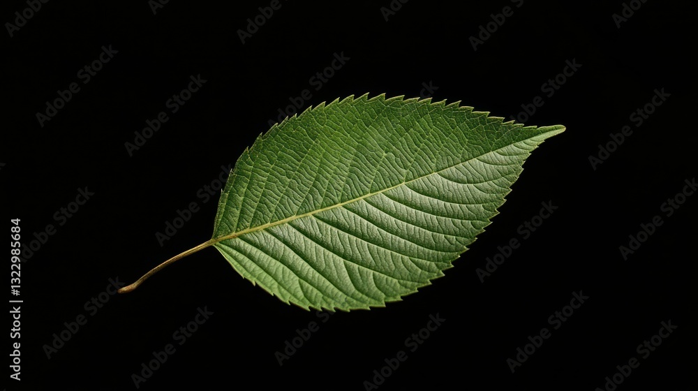 Fototapeta premium Single green leaf, studio shot, black background, nature design