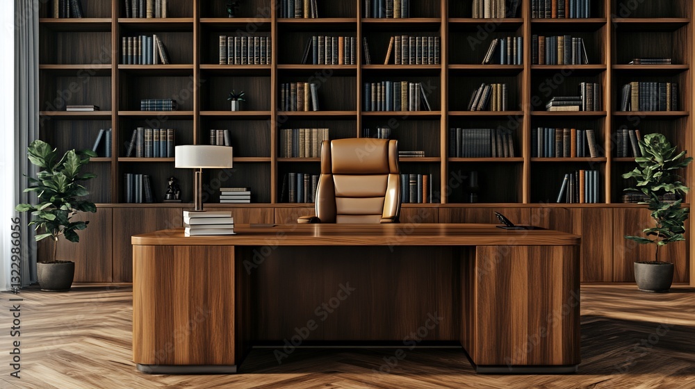 Elegant Home Office with Bookshelves, Wooden Desk and a Brown Leather Chair Elegant Home Office with Bookshelves, Wooden Desk and a Brown Leather Chair