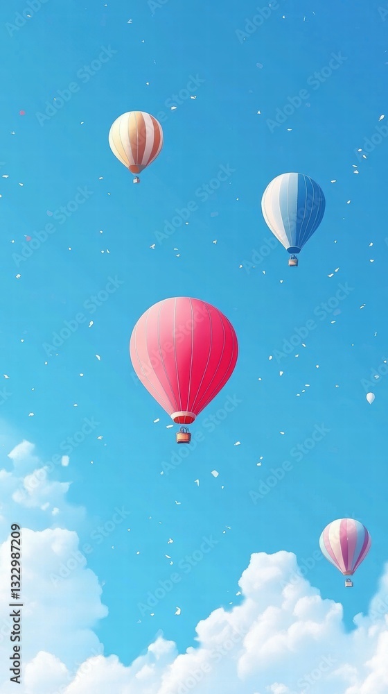 Fototapeta premium Colorful Hot Air Balloons Floating in Bright Blue Sky with Clouds