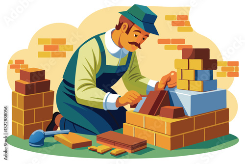 A skilled stonemason carefully arranges bricks to construct a sturdy wall, showcasing craftsmanship, Stonemason work with bricks concept,