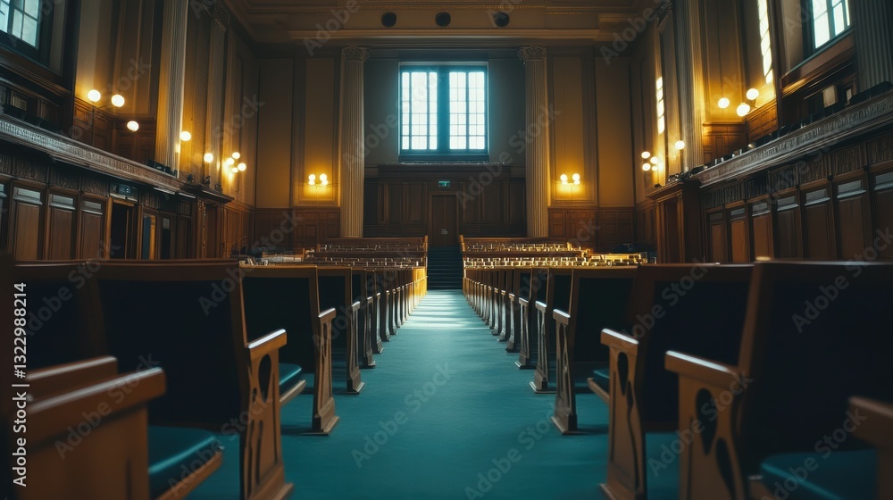 Dimly Lit Empty Government Chamber Symbolizing Inactivity and Abandonment Dimly Lit Empty Government Chamber Symbolizing Inactivity and Abandonment
