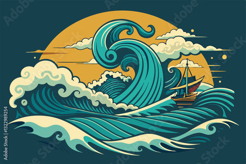 A sailing boat navigates turbulent waves under stormy skies in an Asian coastal setting, Storm and wind in sea or ocean, Banner in asian vintage style,