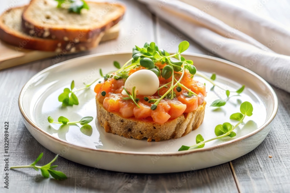 Delectable Salmon Tartare Crostini with Microgreens and Soft Egg Garnish on Elegant Plate Delectable Salmon Tartare Crostini with Microgreens and Soft Egg Garnish on Elegant Plate